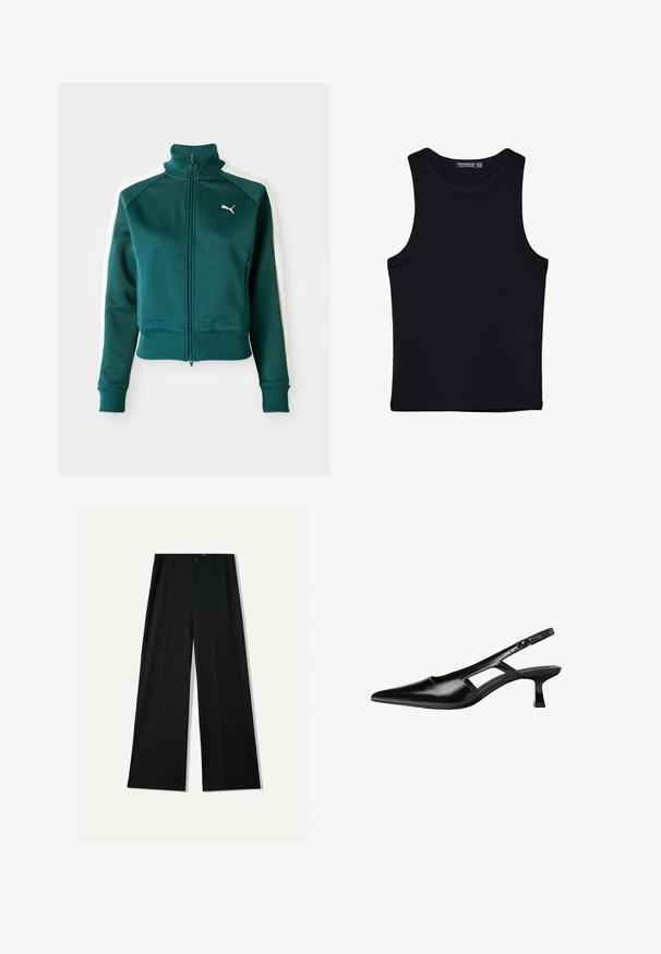 Zeleni zip-up trenirko s belimi stranskimi črtami, visokim ovratnikom in rebrastimi manšetami. Vsebuje majhen bel logotip na levem prsnem predelu.; Črna majica brez rokavov iz bombaža, z okroglim izrezom in širokimi odprtinami za roke. Gladka tekstura s šivi na robovih. Klasičen, minimalističen dizajn.; Bershka WIDE - Hlače - black; Črne patentični usnjeni salonarji s slingback designom, z zašiljenim nosom, izrezanim stranskim dizajnom in majhnim kvadratnim peto. Gladka tekstura z minimalnimi detajli.