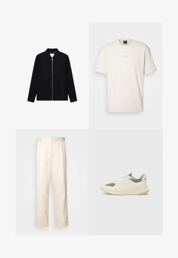 Melnas zip-up jaka ar augstu apkakli, divām priekšējām kabatām un gludu tekstūru. Iekšpusē ir centrālais zips un smalks zīmols.; BOSS TEE - Pamata T-krekls - open white; Bežā krāsā auduma bikses ar taisnu kāju griezumu, pievienotām pogu aizdares un priekšējiem krokām papildu detaļām.; Baltas un gaiši bež sporta apavi, ar sieta augšdaļu, perforētiem detaļām un teksturētu vidusdaļu ar zīmolu uz papēža.