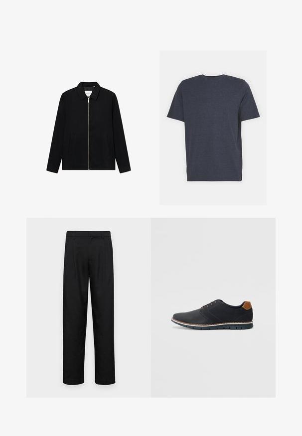 Jachetă neagră cu fermoar, guler înalt, două buzunare frontale și o textură netedă. Dispune de un fermoar central și de un branding subtil pe interior.; Tricou albastru marin cu guler rotund, fabricat dintr-un amestec de bumbac moale, cu mâneci scurte și o croială obișnuită. Fără modele sau accente vizibile.; Pantaloni negri dintr-un material neted, cu un design drept, două pliuri frontale și un tiv standard cu bucle pentru curea.; Pantofi sintetici negri cu un superior texturat, accente netede, toc maro și o talpă contrastantă. Prezintă un șnur minimalist și detalii de cusătură.