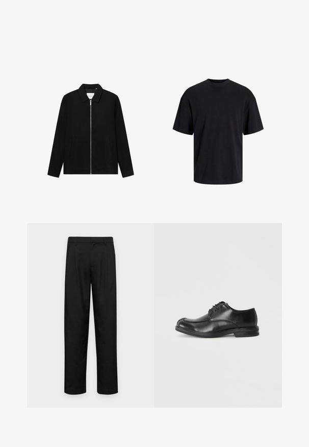 Juodas užtrauktukas striukė su stovinčia apykakle, dviem priekinėmis kišenėmis ir glotnia tekstūra. Yra centrinis užtrauktukas ir subtilus prekės ženklas viduje.; Juodas medvilninis marškinėlis su apvaliu iškirpimu, trumpomis rankovėmis ir laisvu siluetu. Glotni tekstūra, be matomų raštų ar akcentų.; Juodi kelnių modeliai, pagaminti iš lygios medžiagos, turi tiesią kojas, du priekiniai klostės ir standartinę juosmenį su diržo kilpomis.; Juodi odiniai bateliai su raišteliais, su apvalia nosimi, lygiu paviršiumi ir žemu kulnu. Yra siuvimo detalės viršuje ir šonuose.