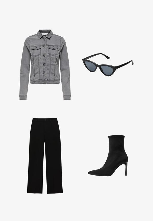 Harmaa farkkutakki, jossa on kaulusrengas, etupainikkeet ja kaksi rintataskua. Ominaisuuksiin kuuluu muotoiltu malli, näkyvät saumat ja pitkät hihat.; Valkoinen haalari, jossa on neliönmuotoinen pääntie, hihaton muotoilu, sileä pinta ja neppari alhaalla. Yksinkertainen ja minimalistinen tyyli.; Mustat, korkeavyötäröiset, leveälahkeiset housut, jotka on valmistettu sileästä kankaasta. Housuissa on litteä etuosa, nappisuljenta ja ei näkyviä taskuja.; Mustat nilkkurit, jotka on valmistettu sileästä mokasta, kärjessä on terävä muotoilu ja korkea stiletto-korko. Tyylikäs, minimalistinen muotoilu ilman koristeita.; Mustat kissaeye-aurinkolasit tumman harmailla linsseillä, tyylikäs muovikehys, terävät kulmat ja suorat templet. Ei näkyvää metalliosia tai koristuksia.; Kangaskassi beige-värissä ruskeilla kuvioiduilla yksityiskohdilla. Ominaisuuksiin kuuluu kaareva muoto, yksi kantohihna ja edessä oleva logo-plaatti hopeisilla yksityiskohdilla.