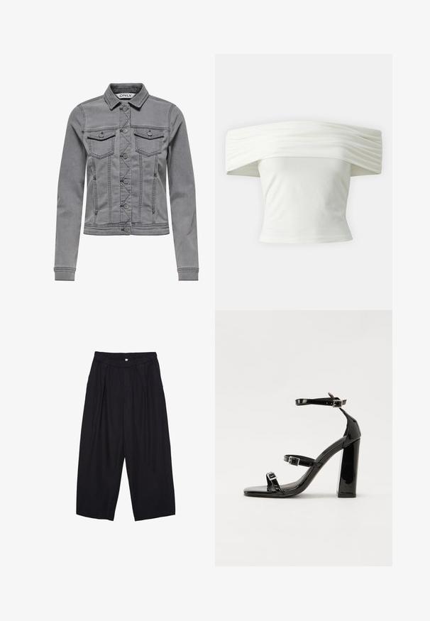 Siva traper jakna s ovratnikom, prednjim dugmadi i dva džepa na prsima. Ima uski kroj, vidljive šavove i dugačke rukave.; Bijela majica s nedovoljno ramena s nabranim, strukturiranim izrezom i uskim tijelom. Izrađena od mekanog materijala s glatkom teksturom.; Crne poliester hlače culotte s elastičnim pojasom, dva prednja nabora i širokim krojem. Nema vidljivih uzoraka ili metalnih detalja.; Crne lakirane sandale na pete sa kvadratnim nosom, trakama oko gležnja i srebrnim kopčama. Imaju čvrst blok petu za stabilnost.