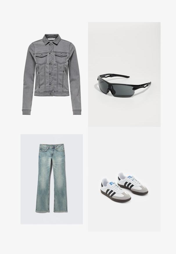 Siva džins jakna s ovratnikom, prednjim gumbom i dva prsna žepa. Ima prilagođeni kroj, vidljive šavove i dugače rukave.; Bela majica brez rokavov s tankimi črnimi naramnicami, ki prikazuje veliko črno črko "I" in "NY", ter rdeče srce med njima.; Svetlo modri kavbojasti hlače z rahlim bledenjem, pet žepov, z gumbom zaprte in ravnimi nogami na beli podlagi.; Športni čevlji z belim usnjenim zgornjim delom, sivim semišem na prstih in tremi črnimi črtami. Imajo modro logo na jeziku in teksturiran gumijast podplat.; Črne športne sončna očala s sprotno ukrivljenimi lečami, lahka plastična okvirja in teksturiranimi tempeljci. Eleganten dizajn z integriranim nosnim delom.; Črna torbica iz pletene usnje s sproščenim dizajnom, ki ima vozel na traku in majhno dekorativno zlatno zakovico na vrhu.