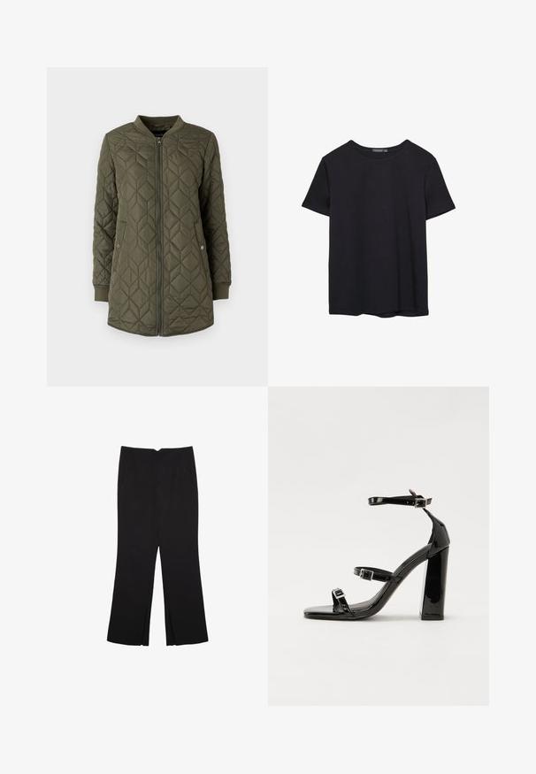 Quiltet olivengrøn bomberjakke med ståkrave, frontlynlås og trykknapper. Har diamond-mønstre og ribbede manchetter.; Simpel sort kortærmet bomulds T-shirt med rund hals, præsenteret på en hvid baggrund.; Sorte bukser med lige pasform, der har frontlommer og slidser i kanten. Lavet af blødt, glat stof. Velegnet til forskellige anledninger.; Sorte patenterede hælsandaler med firkantet tå, ankelremme og sølvspænder. Har en chunky blokHæl for stabilitet.
