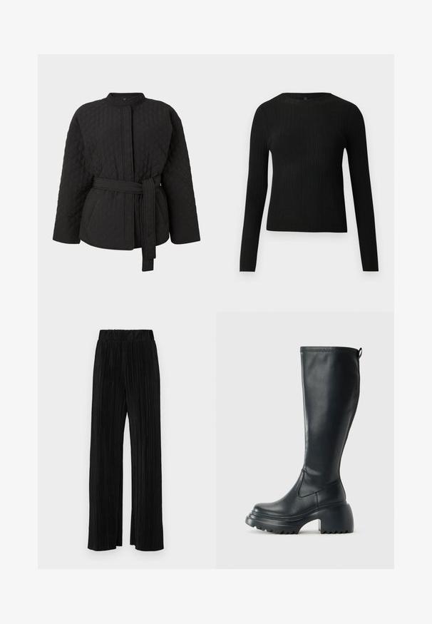Black quilted jacket with a high collar, long sleeves, and a tied waist belt. Features diamond pattern and side pockets.; Black ribbed long-sleeve fitted sweater with a round neckline, displayed against a plain light background.; Black pleated trousers with an elastic waistband. Features wide legs and a smooth, textured fabric with vertical stripes.; Tall black leather boot with chunky platform sole and block heel, featuring pull tab and textured tread on outsole.