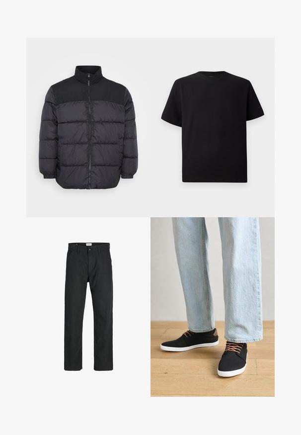 Zwarte pufferjack met een hoge kraag, voorzien van een ritssluiting, een gequilt ontwerp en elastische manchetten. Het materiaal lijkt glad en geïsoleerd.; Zwarte T-shirt met korte mouwen van gemerceriseerd stof, met een ronde halslijn en een relaxte pasvorm. Eenvoudig, zonder patronen of accenten.; Zwarte broeken gemaakt van duurzame stof, met een recht gesneden ontwerp, gestikte accenten en twee voorzakken voor functionaliteit.; Zwarte canvas sneakers met bruine accenten, witte rubberen zolen en bruine veters, gecombineerd met lichtblauwe spijkerbroeken met rechte pijpen. Houten vloer als achtergrond.