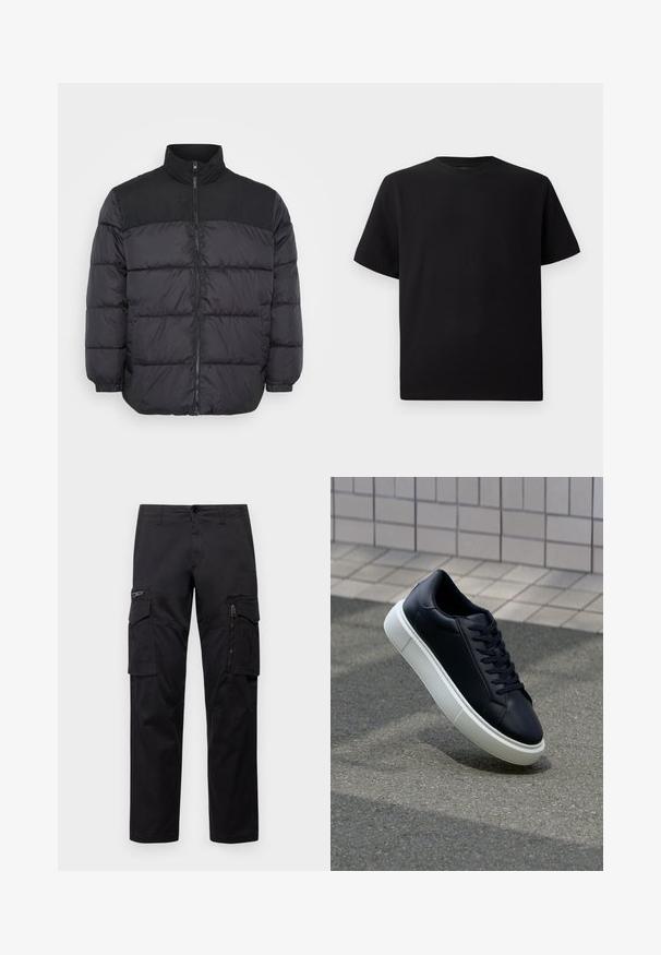 Zwarte pufferjack met een hoge kraag, voorzien van een ritssluiting, een gequilt ontwerp en elastische manchetten. Het materiaal lijkt glad en geïsoleerd.; Zwarte T-shirt met korte mouwen van gemerceriseerd stof, met een ronde halslijn en een relaxte pasvorm. Eenvoudig, zonder patronen of accenten.; Zwarte cargobroek met meerdere zakken, een ritszak op de dij, rechte pasvorm en stevige katoen met een subtiele glans.; Zwarte leren sneaker met een ronde neus en een witte rubberen zool. Voorzien van platte veters en minimale stiksels op het bovenwerk. Textuurrijke zool voor grip.