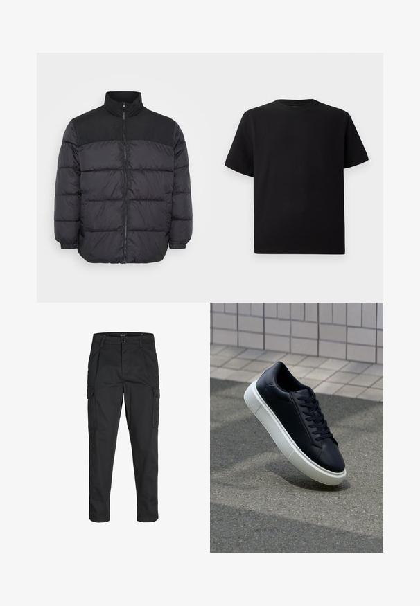 Schwarze Daunenjacke mit hohem Kragen, ausgestattet mit einem Reißverschluss, gestepptem Design und elastischen Bündchen. Das Material wirkt glatt und isoliert.; Schwarzes Kurzarm-T-Shirt aus strukturiertem Stoff, mit einem Rundhalsausschnitt und einer lockeren Passform. Einfach, ohne Muster oder Akzente.; Schwarze Cargo-Hose aus robustem Material, mit mehreren Taschen, einem Knopfverschluss und einem Slim-Fit-Design mit schmal zulaufenden Beinen.; Schwarze Leder-Sneaker mit runder Zehenpartie und weißer Gummisohle. Verfügt über flache Schnürsenkel und minimale Nähte im Obermaterial. Strukturiertes Sohlenprofil für besseren Halt.