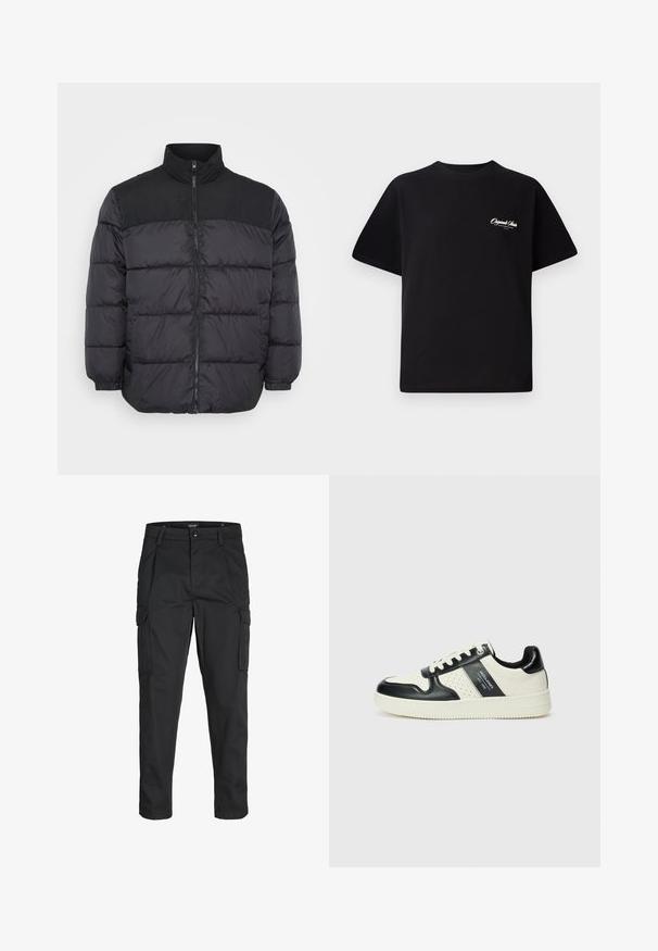 Svart pufferjakke med høy krage, utstyrt med glidelås, quiltet design og elastiske mansjetter. Materialet ser glatt og isolert ut.; Svart bomull t-skjorte med rund hals, korte ermer og liten hvit logo-tekst på venstre bryst. Enkel design, klassisk passform.; Sorte cargo bukser laget av slitesterkt stoff, med flere lommer, knappelukking og en slim fit-design med avsmalnede ben.; Lædersneakers med sort og creme farveskema, der har perforerede detaljer, en polstret krave og en struktureret ydersål.