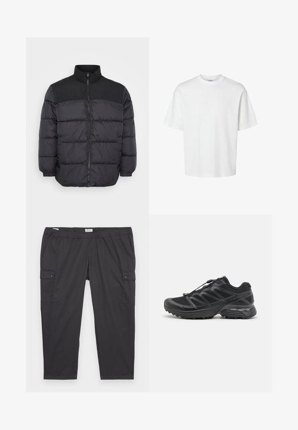 Crna puf jakna s visokim ovratnikom, s zatvaranjem na patentni zatvarač, imajući šivanu strukturu i elastične manžete. Materijal izgleda glatko i izolirano.; Bijela pamučna majica kratkih rukava, s okruglim izrezom i opuštenim krojem. Glatka tekstura bez vidljivih uzoraka ili ukrasa.; Crne cargo hlače s elastičnom waistbandom, bočnim džepovima i snap dugmadi. Izrađene od lagane, glatke tkanine.; Crne trkačke cipele s mrežastim i sintetičkim gornjim dijelom, fleksibilnom potplatom i elastičnim vezicama. Imaju podstavljeni srednji potplat za udobnost.