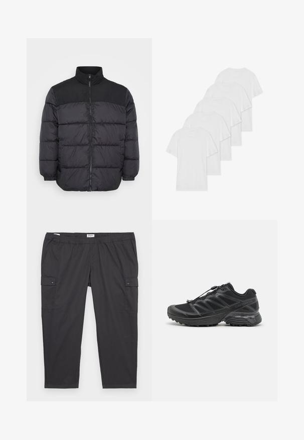 Czarna kurtka puchowa z wysokim kołnierzem, zapinana na zamek, o pikowanej konstrukcji i elastycznych mankietach. Materiał wydaje się gładki i izolowany.; Sześć białych bawełnianych T-shirtów z krótkimi rękawami i okrągłymi dekoltami ułożonych w rzędzie, charakteryzujących się gładką fakturą i brakiem widocznych wzorów.; Czarne spodnie cargo z elastycznym pasem, bocznymi kieszeniami i zapięciami na napy. Wykonane z lekkiego, gładkiego materiału.; Czarny but biegowy z siateczkowym i syntetycznym wierzchem, elastyczną podeszwą oraz elastycznymi sznurówkami. Oferuje amortyzującą podeszwę środkową dla komfortu.