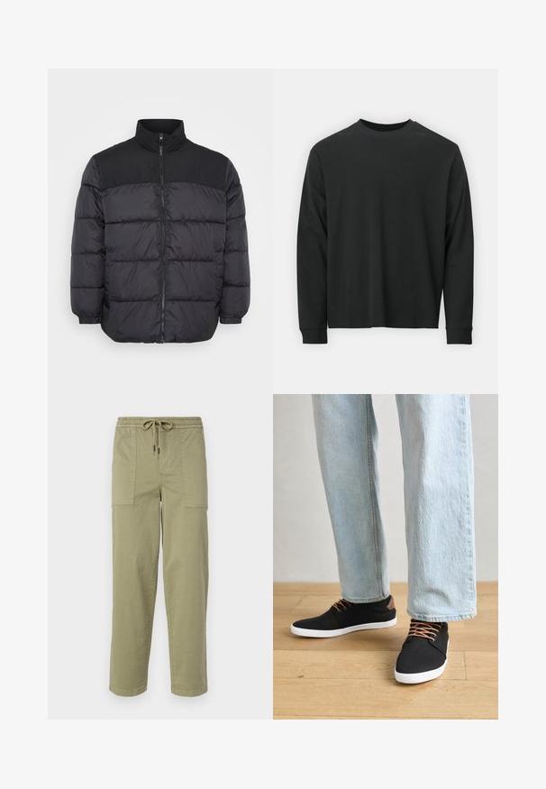 Črna pufasta jakna z visokim ovratnikom, z zadrgo, prešito zasnovo in elastičnimi manšetami. Material se zdi gladek in toplotno izoliran.; Dolga majica iz črnega bombaža z dolgimi rokavi, okroglim izrezom in ohlapnim krojem ter rebrastimi manšetami. Gladka tekstura brez vidnih vzorcev.; Hlače svetlo olivno zelene barve, izdelane iz bombažne mešanice, z elastičnim pasom in vrvico ter dvema velikima stranskima žepoma.; Črne platnene superge z rjavimi poudarki, belimi gumijastimi podplati in rjavimi vezalkami, v kombinaciji s svetlobluzimi naravnost krojenimi kavbojkami. Ozadje iz lesenih tal.