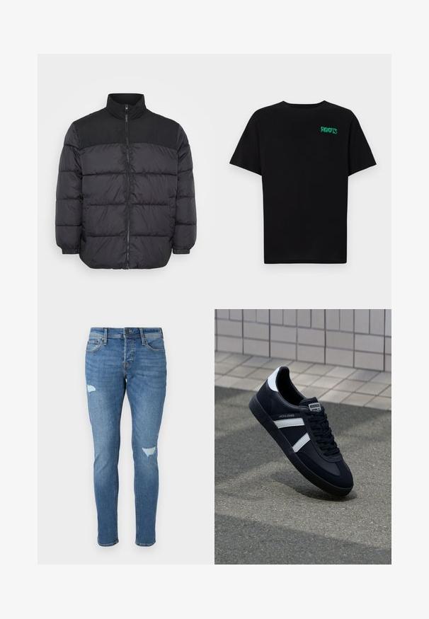 Černá péřová bunda s vysokým límcem, se zipovým uzávěrem, prošívaným designem a elastickými manžetami. Materiál vypadá hladce a je zateplený.; Černé tričko vyrobené z bavlny s krátkým rukávem. Na přední straně se nachází zelené logo "ROOTS", kulatý výstřih a standardní střih.; Bledé modré džíny s úzkým střihem, které mají opranou úpravu na kolenou, zapínání na knoflík a design s pěti kapsami.; Černé kožené tenisky s bílými pruhy, texturovanou gumovou podrážkou a šněrováním vpředu. Obsahují značenou etiketu na jazyku.