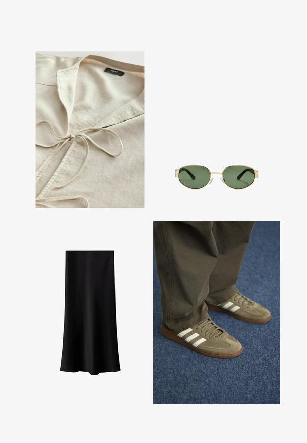 Béžová bavlnená košeľa s golierom a detailom predného viazania. Mäkká textúra, pohodlný dizajn a jednoduchá estetika. Značková nálepka viditeľná vo vnútri.; Biely bavlnený top bez rukávov s okrúhlym výstrihom a priliehavým strihom. Hladká textúra, jednoduchý dizajn a minimálne švy.; Čierna midi sukňa vyrobená z hladkého, ľahkého materiálu. Má rovný strih, žiadne viditeľné kovanie a jednoduchý dizajn bez vzorov.; Zelené semišové tenisky s tromi bielymi pruhmi, hnedou gumovou podrážkou a štruktúrovanými šnúrkami, skombinované s olivovými nohavicami na modrom koberci.; Slnko zlatohnedých kovových rámových okuliarov s zelenými tónovanými sklami, oválnym tvarom, čiernymi stranami a priehľadnými nosnými podložkami. Čistý, minimalistický dizajn.