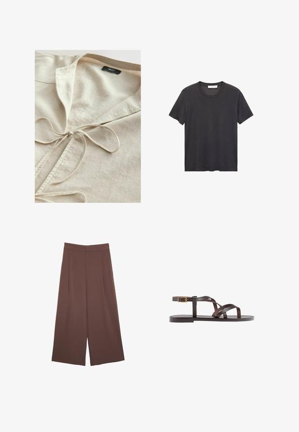 Beige bomulds skjorte med krave og et bindebånd foran. Blød tekstur, afslappet design og en enkel æstetik. Mærkeskilt synligt indeni.; Sort crew-neck t-shirt lavet af blødt bomuldsstof. Korte ærmer, afslappet pasform og lige kant uden udsmykninger eller mønstre.; Brune bredbunde bukser med en glat tekstur, der har høj talje og plisseringer foran. Stoffet er let og falder løst.; Brune lædersandal med krydsende stropper, ankelspænde og en flad sål med minimale syninger.