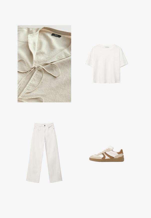 Bež pamukasta košulja s ovratnikom i detaljem mašne sprijeda. Mekana tekstura, ležeran dizajn i jednostavna estetika. Vidljiva oznaka branda unutra.; Bijela majica kratkih rukava od pamuka. Ima okrugli izrez i opušteni kroj. Glatka tekstura bez vidljivih uzoraka ili naglasaka.; Bijele široke traperice od denima, s visokim strukom, dizajnom od pet džepova i metalnim zatvaračem. Glatka tekstura, bez uzoraka.; Tenisice s gornjim dijelom od bijele kože, akcentima od smeđeg zamjenja i gumiranim potplatom; imaju nisku konstrukciju i ravne vezice.
