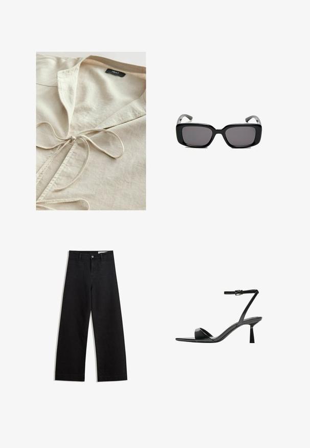 Beige bomullsskjorta med krage och detalj för knytning fram. Mjuk textur, avslappnad design och en enkel estetik. Märket synligt inuti.; Vit t-shirt med kort ärm i bomull. Har en rundad halsringning och en avslappnad passform. Slät textur utan synliga mönster eller detaljer.; Svarta vida denimbyxor med hög midja, med fram- och bakfickor, sydda sömmar och knappstängning. Slät textur.; Bershka Sandaletter - black; Svarta rektangulära solglasögon med mörka linser, slimmad plastbåge och böjda tempel. Designen är kraftig med en minimalistisk estetik.