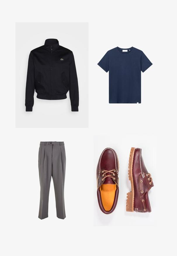Námornícky modrá bunda s vysokým golierom, zips na prednej strane a dvoma bočnými vreckami; na hrudi sa nachádza zelené logo Lacoste; vyrobená z hladkej tkaniny.; Námornícky modré bavlnené tričko s kruhovým výstrihom, krátkymi rukávmi a malým vyšitým logom na ľavej hrudi. Hladká textura.; Šedé skladané nohavice vyrobené z hladkej látky, s rovnými nohavicami, jedným gombíkom na zapínanie a pútkami na opasok. Minimalistický dizajn.; Bordové kožené topánky s hnedými gumovými podrážkami, okrúhlou špičkou, bielym prešívaním a zlatými kovaniami. Interiér má žlté podšívku.