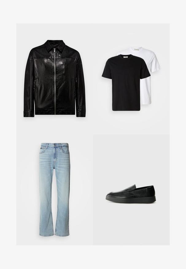 DRYKORN RIKKA - Nahkatakki - black; Kaksi yksinkertaista puuvillapaitaa, musta paita valkoisen edessä, molemmissa on lyhyet hihat ja pyöreä pääntie.; Vaalean siniset farkut suoralla lahkeella, joissa on viisi taskua, nappisulku ja hienovarainen haalistuma kankaassa.; Calvin Klein HYBRID CUP - Loaferit/pistokkaat - triple black