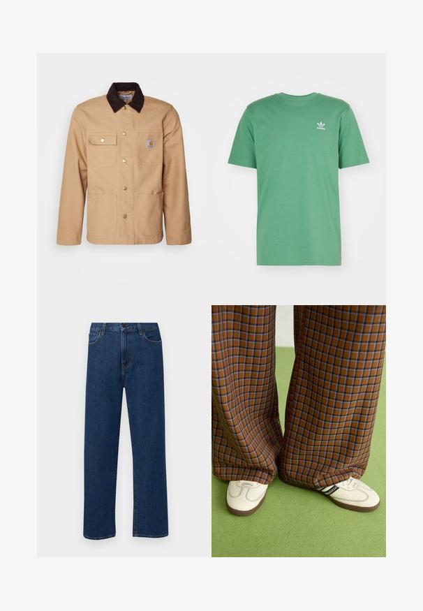 Bež delovna jakna izdelana iz trdnega blaga, s temno rjavim žametnim ovratnikom, sprednjim gumbom in štirimi sprednjimi žepi z zlatimi gumbi.; adidas Originals TREFOIL ESSENTIALS - Potiskana majica - preloved green; Temno modri jeans ravne krojenje z naprsnimi žepi in gumbom za zapiranje, prikazani na enostavni beli podlagi.; Rjave in modre kariraste hlače širokih nogavic, v kombinaciji z belimi čevlji, ki imajo črne poudarke in teksturirane podplate, na zeleni podlagi.