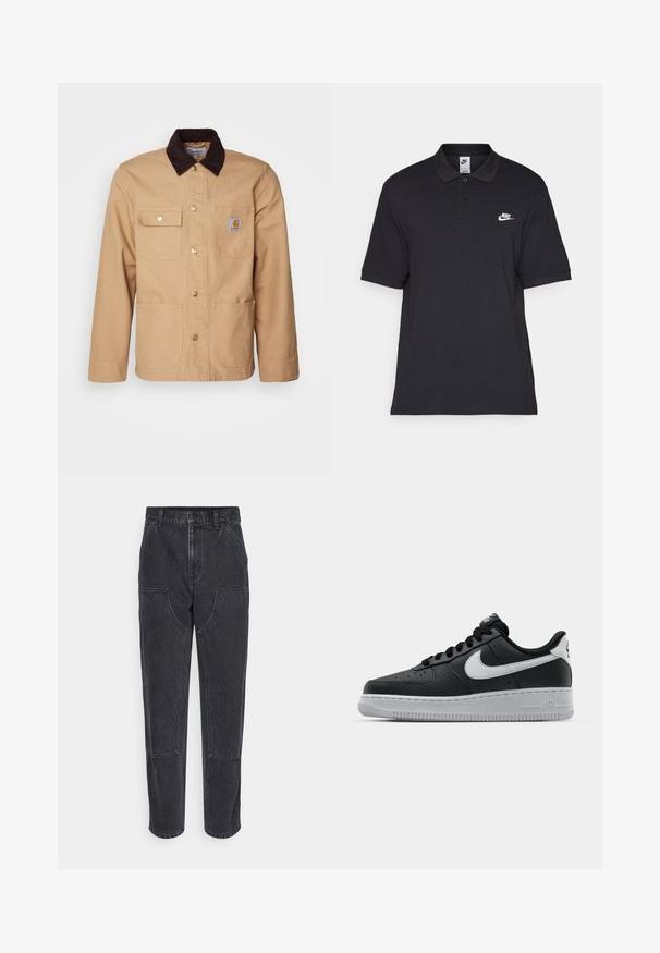 Tan arbeidsjakke laget av robust stoff, med en mørkebrun cordfløyelskrage, knappelukking foran og fire frontlommer med gullknapper.; Svart polo skjorte laget av bomull, med to-knapp placket, korte ermer, og en hvit Nike-logo på venstre bryst.; Svarte denimjeans med høy livvidde, rett benkutt, og store frontlommer. Har kontraststing og ingen synlige logoer.; Svart lær sneakers med teksturert overflate, hvit Nike swoosh, grå såle, rund tå og snøredesign. Har perforeringer på tåboksen.