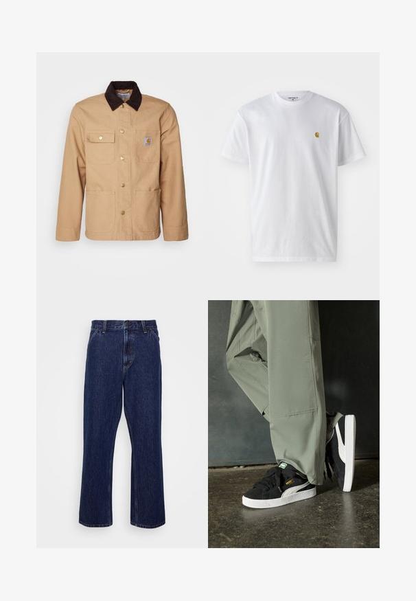 Svijetlosmeđa radna jakna od čvrstog materijala, s tamnosmeđim kožnim ovratnikom, kopčanjem na dugmad i četiri prednja džepa sa zlatnim dugmadi.; Bijela pamučna majica kratkih rukava s okruglim izrezom, sa malim zlatnim logotipom na lijevoj strani prsnog koša. Mekana tekstura i standardni kroj.; Tamno plave traperice s ravnim nogavicama, s kopčanjem na gumb, pet džepova i suptilnim detaljima šivanja.; Crne nubuk tenisice s bijelim gumennim potplatima i bočnim trakama, uparene s svijetlozelenim cargo hlačama, stoje na teksturiranoj tamnoj površini.