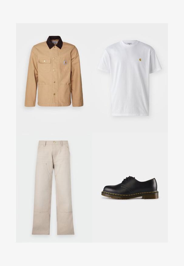 Tan work jacket made of sturdy fabric, featuring a dark brown corduroy collar, button front, and four front pockets with gold buttons.; White cotton t-shirt with short sleeves, crew neck, featuring a small gold logo on the left chest area. Soft texture and regular fit.; Beige cotton pants with a straight-leg design, featuring two front pockets and two zippered accents. Gold-tone hardware highlights.; Black leather shoe with rounded toe, lace-up design, yellow stitching along the sole, and a chunky, textured rubber outsole.