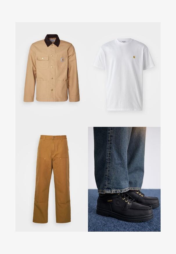 Béžová pracovní bunda vyrobená z pevné látky, s tmavě hnědým manžestrovým límcem, předním zapínáním na knoflíky a čtyřmi předními kapsami se zlatými knoflíky.; Bílé bavlněné tričko s krátkým rukávem a kulatým výstřihem, s malým zlatým logem na levé straně hrudi. Měkká textura a klasický střih.; Hnědé bavlněné pracovní kalhoty s rovnými nohavicemi, které mají přední kapsy a kovové detaily pro zvýšenou odolnost.; Černé kožené boty se zlatými očky a texturovaným povrchem, spárované s modrými džíny. Boty mají vrstvenou podrážku a detaily značky.