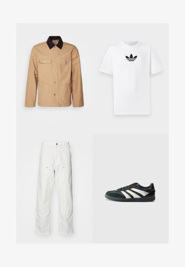 Casaco de trabalho em tom areia, feito de um tecido resistente, com colarinho em veludo cotelê castanho escuro, fecho de botão à frente e quatro bolsos frontais com botões dourados.; T-shirt de algodão branco com um logo preto da Adidas no centro. Mangas curtas e um design de gola redonda. Textura suave.; Calças cargo brancas em algodão com um corte descontraído. As características incluem bolsos frontais, detalhes em metal dourado e áreas de joelhos reforçadas.; adidas Performance PREDATOR FREESTYLE JUDE INDOOR FOOTBALL SHOES - Botas de futebol de salão - core black/silver-coloured/glory blue