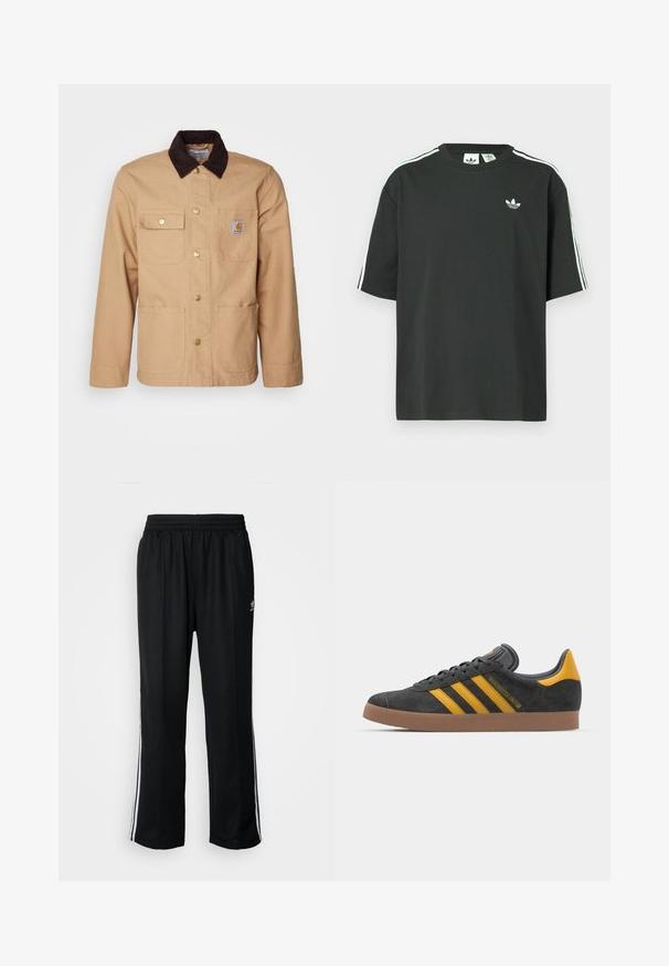 Tan arbeidsjakke laget av robust stoff, med en mørkebrun cordfløyelskrage, knappelukking foran og fire frontlommer med gullknapper.; Svart t-skjorte i bomull med korte ermer, rund hals og hvite trestripesdetaljer på skuldrene. Har en liten hvit logo på brystet.; Sorte treningsbukser med elastisk midjebånd, med hvite sidestiper og en liten logo. Materialet ser mykt og lett ut.; Sort skinnesko i svart semsket skinn med gule detaljer, med tre striper og en brun gummisåle. Inkluderer en polstret tunge for komfort.