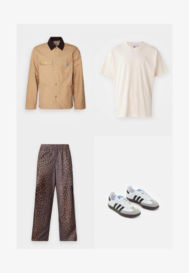 Beżowa kurtka robocza wykonana z mocnego materiału, z ciemnobrązowym kołnierzem z korduroyu, z przodem na guziki i czterema przednimi kieszeniami z złotymi guzikami.; Kremowa bawełniana koszulka z okrągłym dekoltem i krótkimi rękawami; posiada małe, jasne logo na piersi.; Spodnie w leopardzi wzór z elastycznym paskiem w talii. Wykonane z błyszczącego materiału, z brązowym tłem i czarnymi plamami oraz luźnym krojem.; Buty sportowe z białą skórzaną cholewką, szarym zamszowym noskiem i trzema czarnymi paskami. Posiadają niebieskie logo na języku oraz teksturowaną gumową podeszwę.