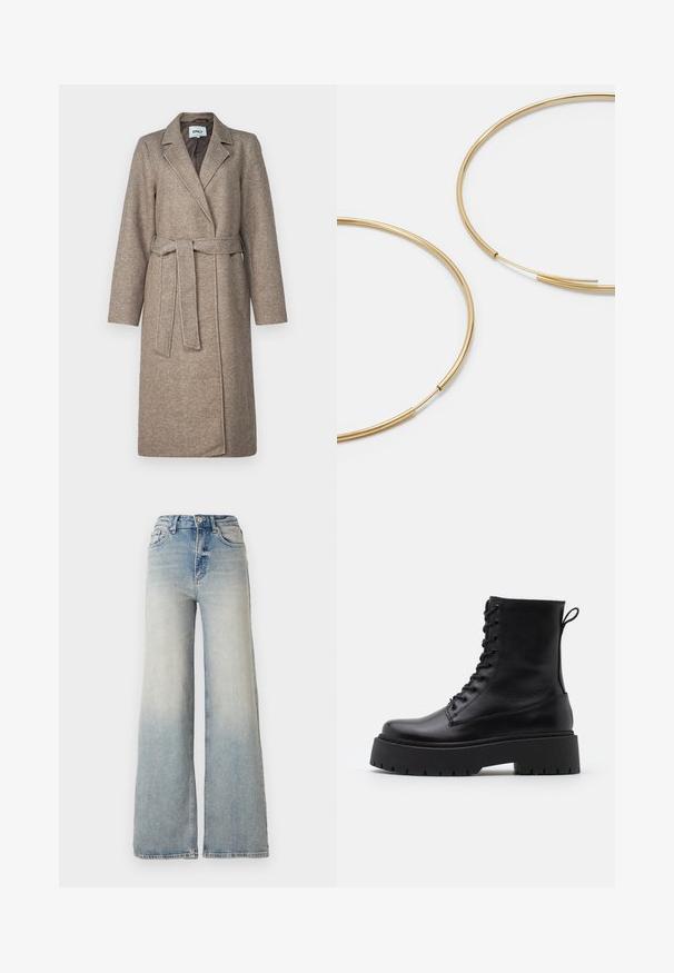 ONLY Tall ONLNICOLE - Klassikaline mantel - walnut; Must be liikuvate detailidega kleit, millel on ümar kaelus ja rippuvad detailid õlgadel ja mansettides.; Heledad sinine laia säärega teksapüksid, mis on valmistatud denimist, kõrge vöökoht, viis taskut ja nähtav õmblemine õmbluste ääres.; Mustad mustad nahast pahkluu saapad ümarate varvastega, nööridega esiosas ja paksu kummist talla ning tekstuuritud mustriga. Tagumine tõmbeaas.; Kulla värvi nõelad, õhukesed ja ümmargused, millel on sile metallist pind ja ilma kaunistuste või mustriteta.