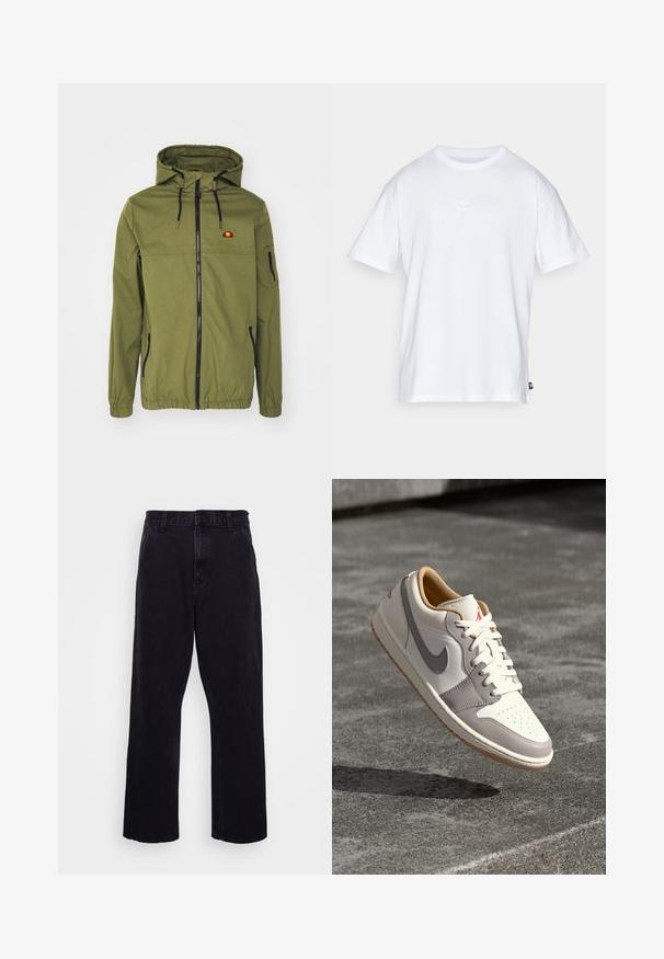 Olivengrønn vanntett jakke med frontglidelås, justerbar hette, elastiske mansjetter og sidelommer. Har logo på brystet.; Hvit bomull t-skjorte med korte ermer og rund hals. Har en liten, subtil Nike-logo på brystet og en sidelapp.; Sorte denimbukser med rett ben-design, med knapp- og glidelås-lukking, beltehemper og minimale sømdetaljer.; Lave sneakers i off-white læder med grå accenter. Har perforeret tåboks, hvide snørebånd og gummirubber sål. Rødt logo på hælen.