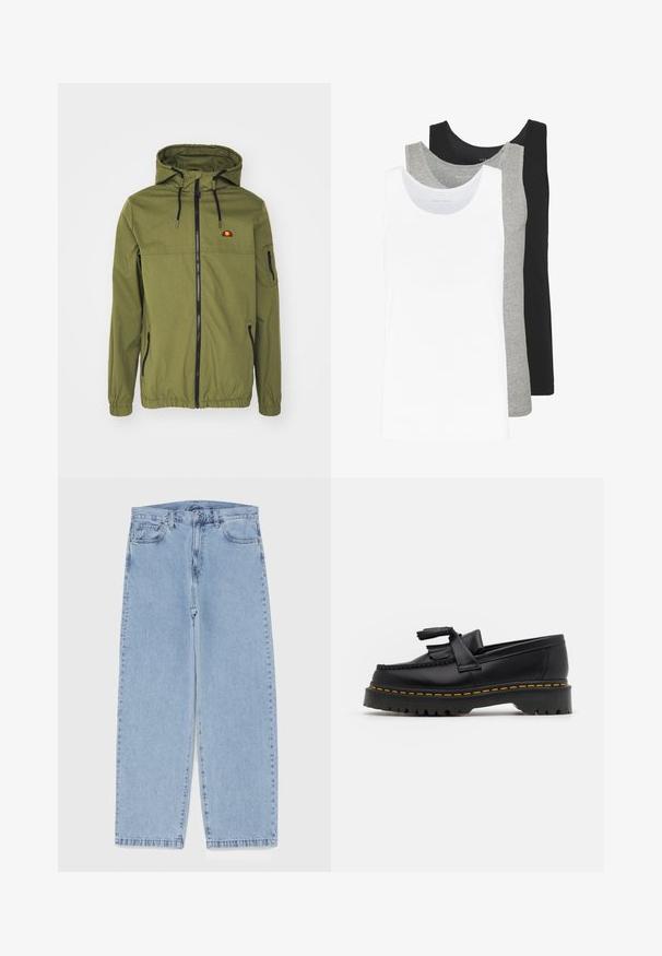 Casaco impermeável verde-oliva com fecho frontal, capuz ajustável, punhos elásticos e bolsos laterais. Apresenta o logótipo no peito.; Três t-shirts sem mangas em branco, cinza e preto. Cada uma apresenta um design clássico sem mangas, feita de um tecido de algodão leve com uma textura canelada.; Jeans de denim azul claro com design de perna reta, apresentando uma cintura de altura média, cinco bolsos e um fecho de botão e zíper.; Mocassim de couro preto com um detalhe de franjas, apresentando uma sola preta robusta e costura amarela ao longo da borda. Acabamento texturizado.