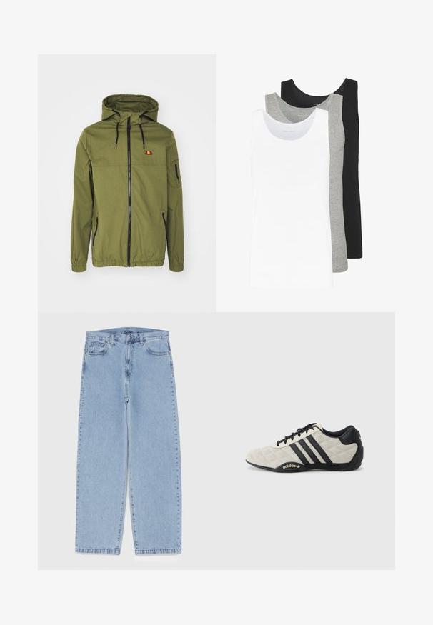 Olivově zelená nepromokavá bunda s předním zipem, nastavitelnou kapucí, elastickými manžetami a bočními kapsami. Na hrudi je logo.; Tři tílka v bílé, šedé a černé barvě. Každé má klasický bezrukávový design, je vyrobeno z lehkého bavlněného materiálu s žebrovanou texturou.; Světle modré džíny s rovnými nohavicemi, středním pasem, pěti kapsami a zapínáním na knoflík a zip.; Sportovní boty Adidas s texturovaným, světle šedým svrškem a černými koženými akcenty. Obsahují černé logo se třemi pruhy a polstrovanou podrážku.