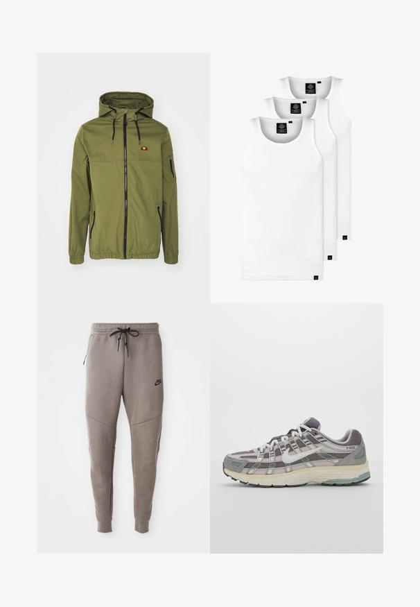 Vihreä vedenpitävä takki, jossa on edessä vetoketju, säädettävä huppu, joustavat hihansuut ja sivutaskut. Rinnassa on logo.; Kolme valkoista ribbitekstiilistä toppia, jotka on valmistettu puuvillasta. Ominaisuuksiin kuuluu pyöreä pääntie ja pieni musta etiketti helman lähellä. Saatavilla useissa kooissa.; Harmaat Nike-juoksuhousut, joissa on kiristysnyöri vyötäröllä, kapeat lahkeet, sivutaskut ja erottuva sauman yksityiskohtaisuus. Pehmeä, tekstuuri kangas.; Harmaa urheilukenkä, jossa on verkko- ja mokkanahkainen yläosa, valkoiset yksityiskohdat, pehmustettu pohja ja erottuva muotoilu heijastavilla elementeillä.