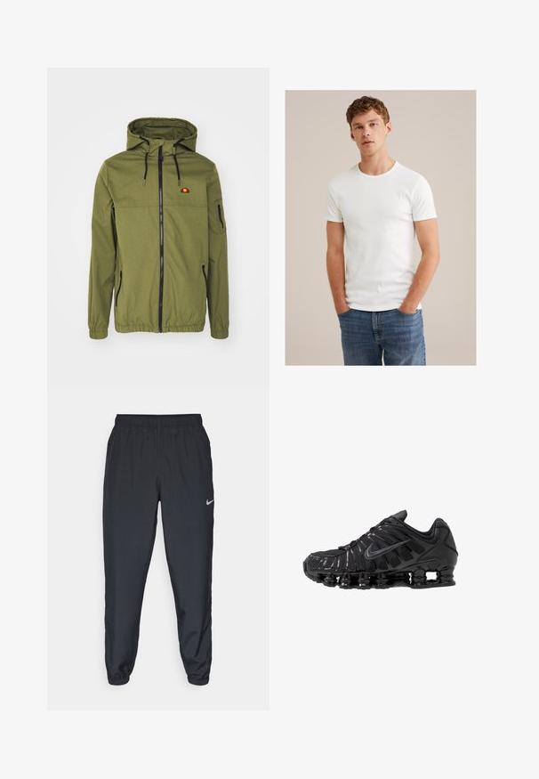 Oliiviroheline veekindel jakk, millel on eesmine lukku, reguleeritav kapuuts, elastsed mansetid ja küljetaskud. Rinnal on logo.; Noor mees lühikeste lokkis juustega, seljas lihtne valge lühikeste varrukatega t-särk ja sinised teksad, seisab käed taskutes.; Kerged mustad spordipüksid, mis on valmistatud kerge kangaga, elastse vöökoha, pahkluude mansettide ja diskreetse Nike logo abil vasakul külgedel.; Mustad võrgu- ja sünteetilisest materjalist sportlikud jalanõud, millel on eriline laineline disain, must kummist talla ja peegeldavad lisandid.