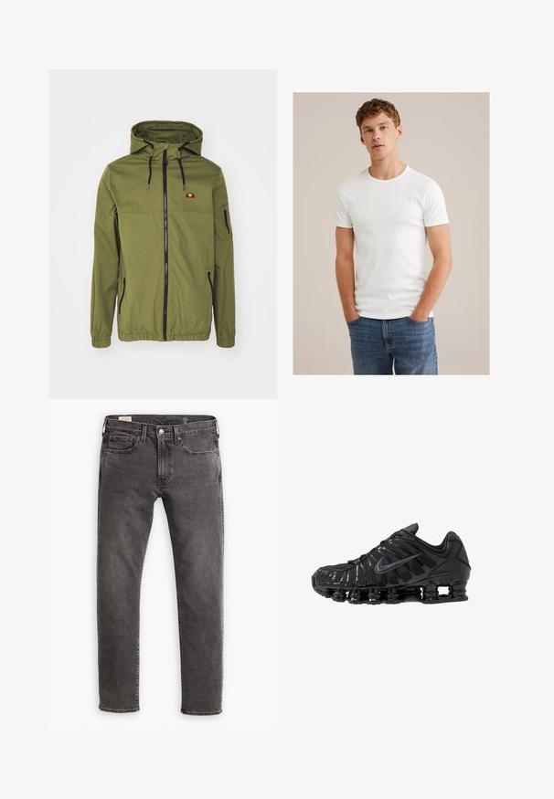Chaqueta impermeable verde oliva con cierre frontal, capucha ajustable, puños elásticos y bolsillos laterales. Presenta un logotipo en el pecho.; Joven con cabello rizado corto que lleva una camiseta blanca de manga corta y jeans azules, de pie con las manos en los bolsillos.; Jeans de mezclilla gris con corte recto, diseño de cinco bolsillos y cierre de botón. Presenta un ligero desgaste y costuras tonal a lo largo.; Zapatillas deportivas negras fabricadas con malla y materiales sintéticos, con un diseño ondulado distintivo, suela de goma negra y detalles reflectantes.