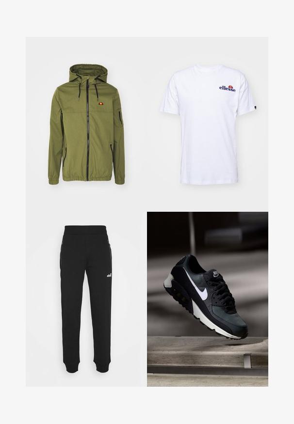 Casaco impermeável verde-oliva com fecho frontal, capuz ajustável, punhos elásticos e bolsos laterais. Apresenta o logótipo no peito.; Camiseta de algodão branca com mangas curtas, apresentando um logótipo bordado azul-marinho no lado esquerdo do peito e um toque de cor vibrante acima do logótipo.; Calças de treino pretas, feitas de um tecido suave, apresentam um design de perna afunilada, cintura elástica, pockets laterais com fechos éclair, e um pequeno logótipo como detalhe.; Sapatilhas pretas e verdes com um upper de malha padrão, logotipo swoosh branco, colarinho almofadado e uma unidade de amortecimento de ar visível na sola.