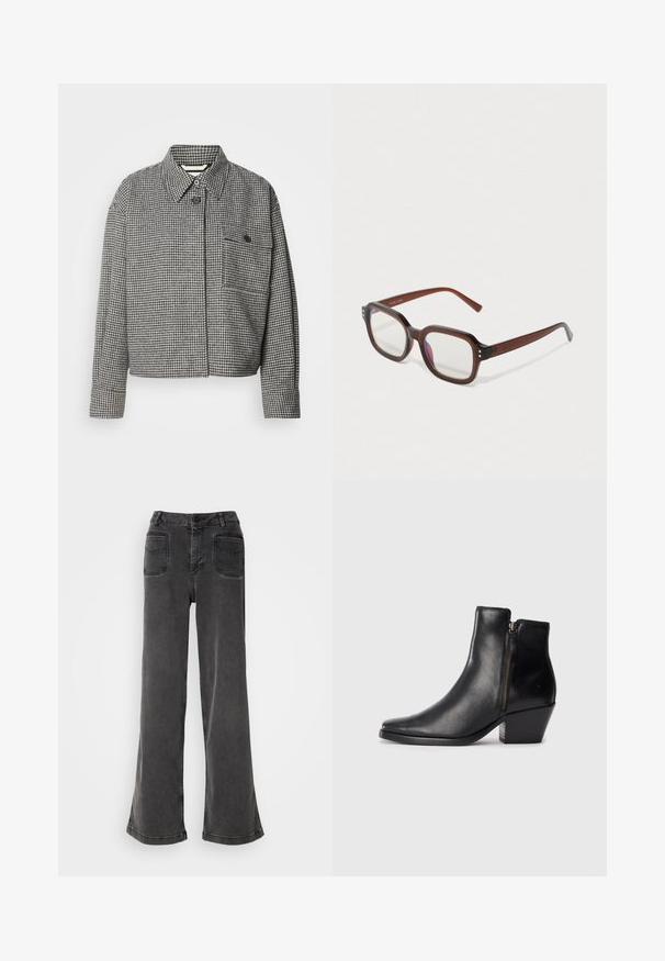 Houndstooth-patterned jacket in black and white, featuring a collar, front button closure, and a chest pocket with a button detail.; Black sleeveless turtleneck top, made from smooth fabric. Fitted design with a high neck and a straight hem, minimalistic and solid color.; High-waisted, wide-leg black jeans made from denim, featuring a button fly, belt loops, and two rear pockets with stitched accents.; Black leather ankle boot with a pointed toe, side zipper, and a chunky heel. Smooth texture and minimalistic design.; Brown translucent rectangular eyeglasses with clear lenses, slight purple reflection, and small gold decorative dots on the front corners.