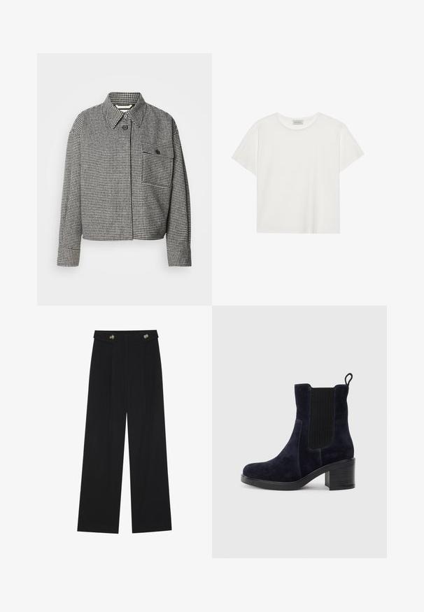 Houndstooth-patterned jacket in black and white, featuring a collar, front button closure, and a chest pocket with a button detail.; White short-sleeve T-shirt made of soft cotton. Features a round neckline and relaxed fit. Clean design with no visible patterns or accents.; Black wide-leg trousers with high waist, button details on waistband, and front pleats.; Navy blue suede ankle boot with elastic side panel, rounded toe, and block heel. Textured fabric and smooth sole add contrast.