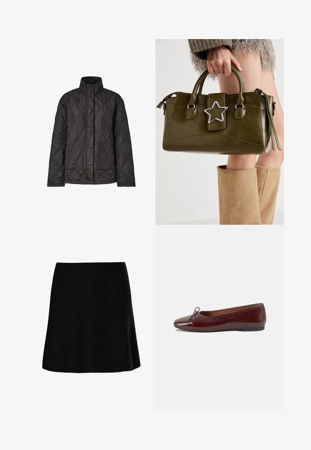 Svart quiltet jakke med høy krage, to frontlommer og et diamantmønster på det teksturerte stoffet.; Hvit skjorte med knapper laget av glatt bomull, med klassisk krage, lange ermer og buet skjær. Knapper er små og hvite.; Svart skjørt med A-form og teksturert, mykt stoff. Har en innsvingt midje og en utsvungen silhuett, som gir et glatt og uformelt utseende.; Burgunderrød lakk lær ballettleilighet med rund tå, liten sløyfe foran og en lav, svart gummisåle. Glatt tekstur.; Oliven grønn faux lær håndveske med sølvstjerneakcent, doble håndtak og glidelåslukking. Teksturert overflate og strukturert form.