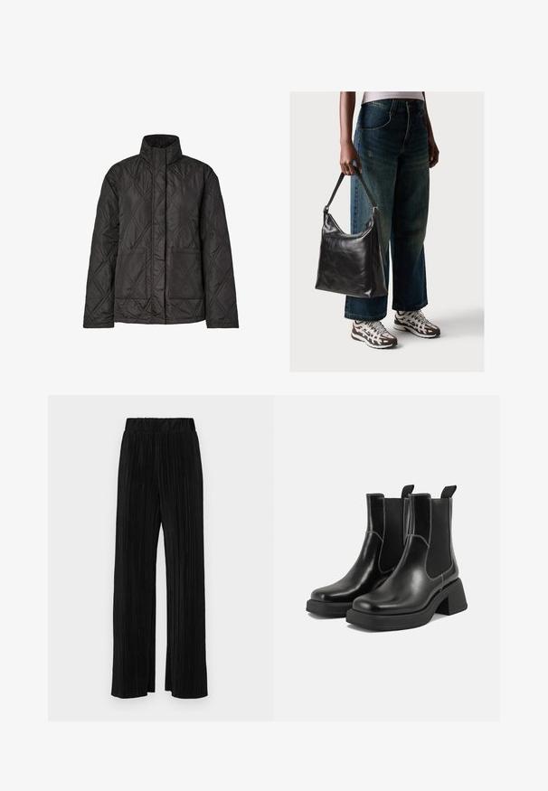Jaqueta preta acolchoada com colarinho alto, dois bolsos frontais e um padrão de diamante no tecido texturizado.; T-shirt preto de manga curta com um corte descontraído, apresentando uma textura suave e um decote redondo. Tecido leve com um brilho subtil.; Calças pregueadas pretas com uma cintura elástica. Apresentam pernas largas e um tecido liso, texturizado com riscas verticais.; Botas Chelsea em couro preto com um salto grosso, painéis laterais elásticos e costura branca em contraste. Acabamento texturizado.; Bolsa de ombro em couro preto com textura suave e alça ajustável, combinada com jeans de perna larga desbotados e ténis desportivos.
