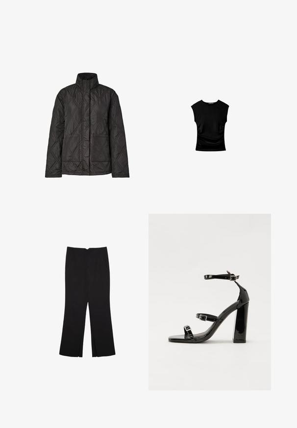 Mustassa tekeillä oleva takki, jossa on korkea kaulus, kaksi etutaskua ja timanttikuosi teksturoidulla kankaalla.; Mustapaitainen lyhythihainen paita, jossa on tyköistuva siluetti, kerroksittain muotoiltu sivuosa ja sileä, joustava kangas mukavuutta varten.; Mustat housut suoralinjaisella leikkauksella, joissa on etutaskut ja sivurei'ät helman alla. Valmistettu pehmeästä ja sileästä kankaasta. Sopii eri tilaisuuksiin.; Musta kiiltävä korkokenkä sandaalit neliönmuotoisella varpaalla, nilkkaremmillä ja hopeisilla soljilla. Varustettu tukevalla lohkokorkealla vakauden takaamiseksi.