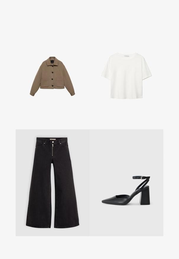 Zkrácená hnědá vlněná bunda s límcem, čtyřmi předními kapsami a šesti černými knoflíky. Měkká textura a volný střih.; Bílý krátký rukáv tričko vyrobené z bavlny. Má kulatý výstřih a volný střih. Hladký materiál bez viditelných vzorů nebo akcentů.; Džíny s širokými nohavicemi v černém denimovém provedení se zipem vpředu, pěti kapsami a jemnými švy. Hladká textura a ležérní styl.; Černé kožené lodičky se špičatou špičkou, kotníkovým páskem a silným podpatkem. Hladká textura, elegantní design a minimalistická estetika.