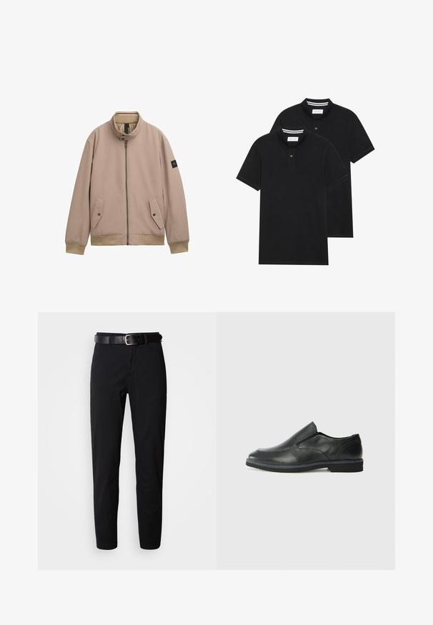 Helle beigefarbene Bomberjacke mit hohem Kragen, Frontreißverschluss, zwei Seitentaschen, gerippten Bündchen und Saum sowie einem kleinen Logo-Patch am Ärmel.; Zwei schwarze Polohemden, kurzärmlig, aus Baumwolle, mit einem klassischen Kragen, zwei Knöpfen und weißen Streifenakzenten im Inneren des Kragens.; Schwarze, gerade geschnittene Hose mit glatter Textur und einem schwarzen Ledergürtel mit silberner Schnalle. Einfaches Design, ohne Muster oder Akzente.; Schwarze Leder-Slipper mit glattem Obermaterial, gesteppten Akzenten, runder Zehenpartie und niedrigem Gummiabsatz. Die Sohle hat ein minimales Profil.