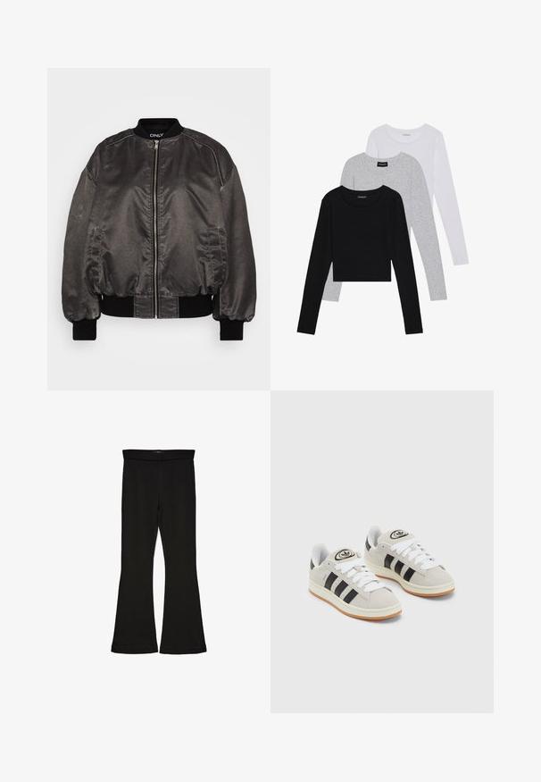 Black bomber jacket in a smooth, shiny material with a zip front, ribbed collar and cuffs, and side pockets. Features a relaxed fit design.; Three long-sleeve tops stacked: black, grey, and white. Each has a round neckline and a cropped design with smooth, lightweight fabric.; Black flare leggings made from stretchy fabric. Features a wide waistband and a smooth texture, with a fitted silhouette that flares at the hem.; Gray suede sneakers with white laces, black stripes, and a white rubber sole. Features a circular logo on the tongue and a gum sole.