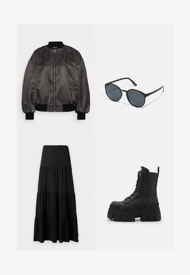 Sort bomberjakke i et glat, blankt materiale med lynlås foran, ribbet krave og manchetter samt sidelommer. Har en afslappet pasform.; Sort langærmet performance top med høj hals, strækstof og kontrasterende grå linjemønstre med "MISBHV" logoet på fronten.; Sort maxiskørt lavet af blødt stof, med et lagdelt design, elastisk linning og rufflede detaljer i kanten.; Buffalo GOSPHER LACE UP MID - Snørestøvletter - black; Runde sorte solbriller med mørke linser, lavet af plast. Slanke stænger med branding på siden, prydet med en glat overflade og subtile detaljer.