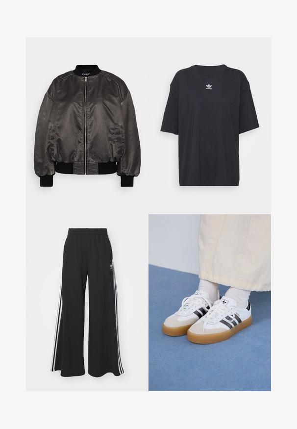 Casaco bomber preto em material liso e brilhante, com fecho de correr à frente, colarinho e punhos canelados, e bolsos laterais. Apresenta um design de corte descontraído.; T-shirt de algodão preto com mangas curtas, decote arredondado, apresenta um logótipo branco da Adidas no peito. Design simples, ajuste descontraído.; Calças de suor largas e pretas com uma cintura elástica, apresentando riscas brancas nas laterais e um logótipo bordado na coxa esquerda.; Ténis brancos com riscas pretas e detalhes em camurça bege. Apresentam uma sola de borracha texturizada e atacadores brancos lisos, usados com meias de tom claro.