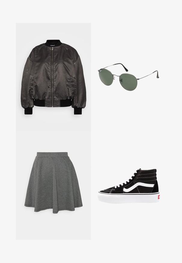 Czarna kurtka bomberka z gładkiego, błyszczącego materiału, z zapięciem na zamek z przodu, prążkowanym kołnierzykiem i mankietami oraz bocznymi kieszeniami. Posiada luźny krój.; Czarny prążkowany krótki top bez rękawów z okrągłym dekoltem. Wykonany z miękkiego, elastycznego materiału, z wykończonymi krawędziami.; Czarna i biała spódnica w kratkę o fasonie skater z dopasowanym pasem i rozkloszowanym dołem, wykonana z teksturowanej tkaniny, która przedstawia klasyczny wzór.; Czarne trampki za kostkę z białymi sznurowadłami, białym logo i kontrastującymi białymi szwami. Posiadają grubą białą podeszwę i teksturowaną zamszową cholewkę.; Okulary przeciwsłoneczne z metalową ramą i owalnymi zielonymi soczewkami. Cienka srebrna metalowa rama i czarne końcówki zauszników. Minimalistyczny design, bez widocznych logo.